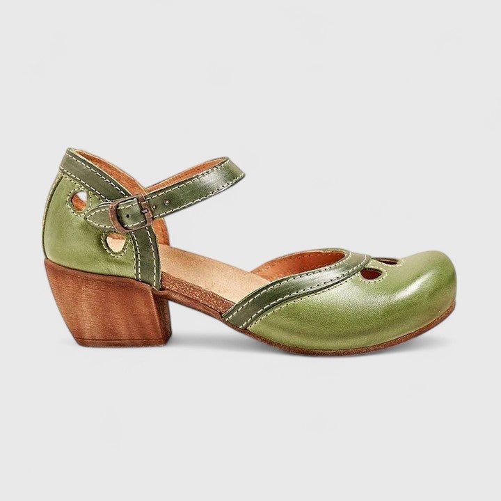Women's Heeled Wedge Shoes with Ankle Strap and Cut-Out Detail