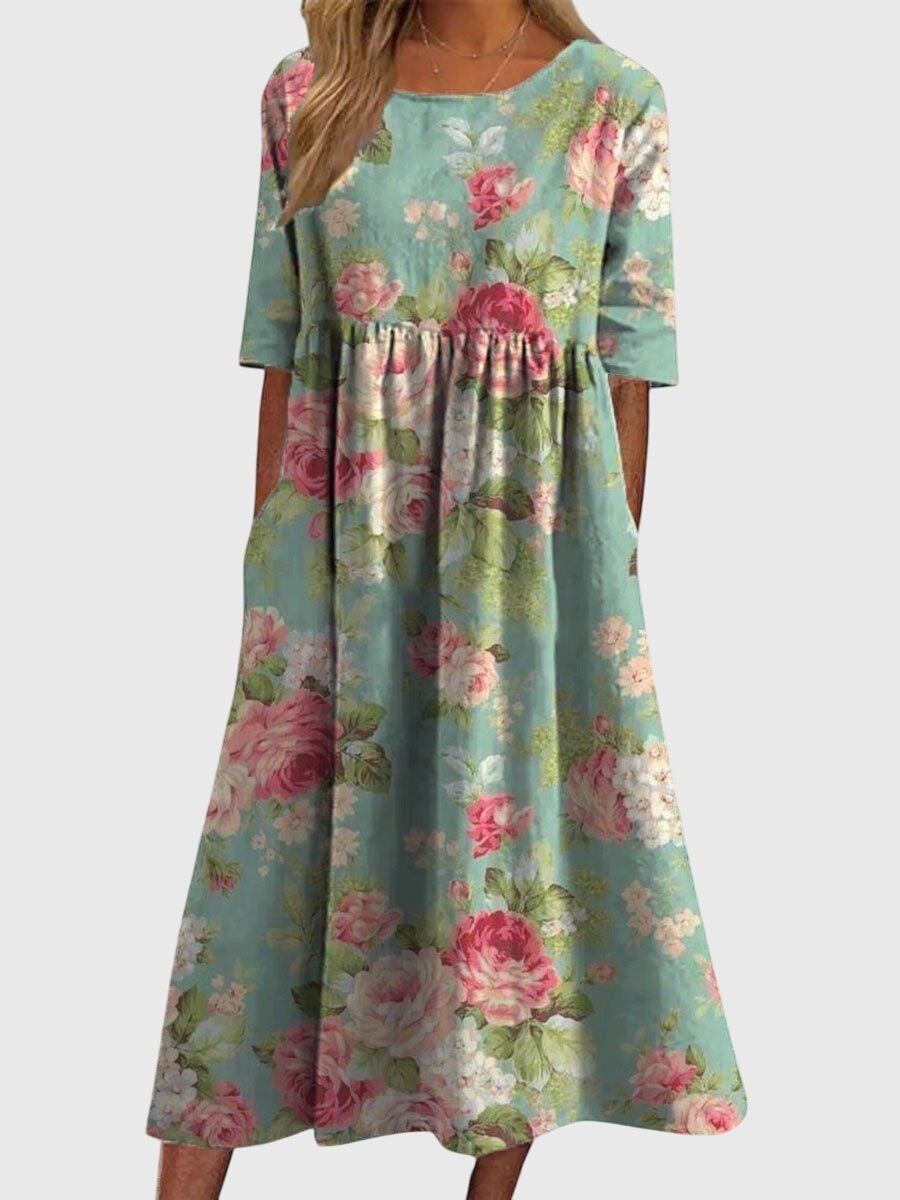 Women's Holiday Floral Midi Dress with Pockets