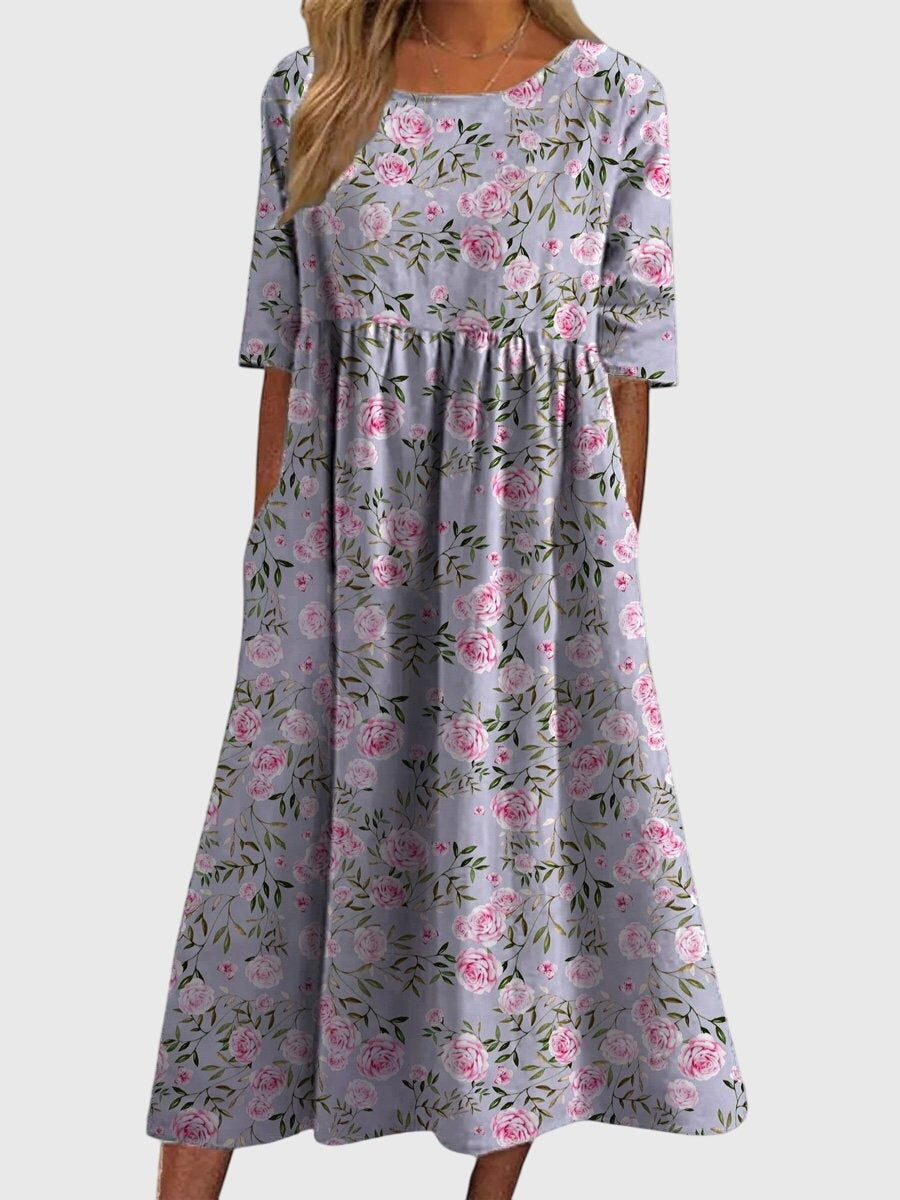 Women's Holiday Floral Midi Dress with Pockets
