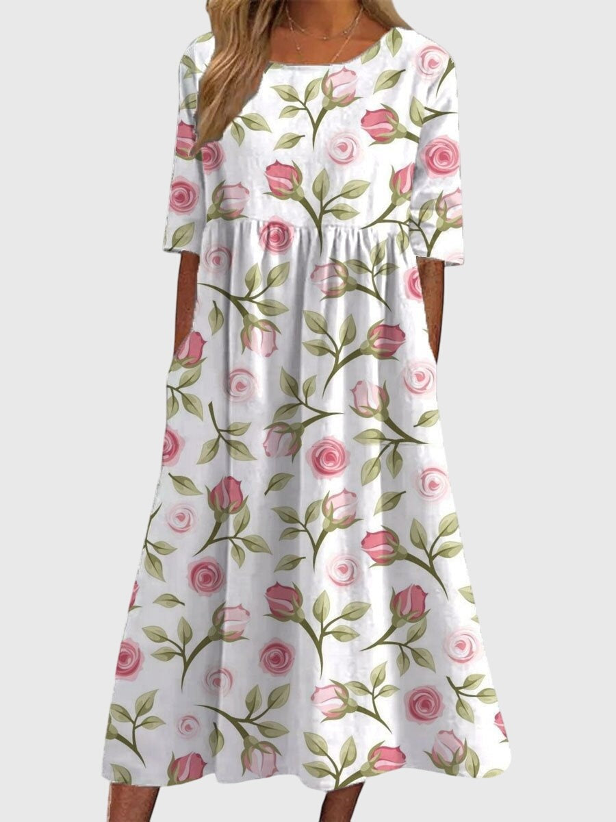 Women's Holiday Floral Midi Dress with Pockets