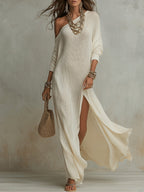 Women's Holiday Long Sleeve Maxi Dress with One-Shoulder Neckline
