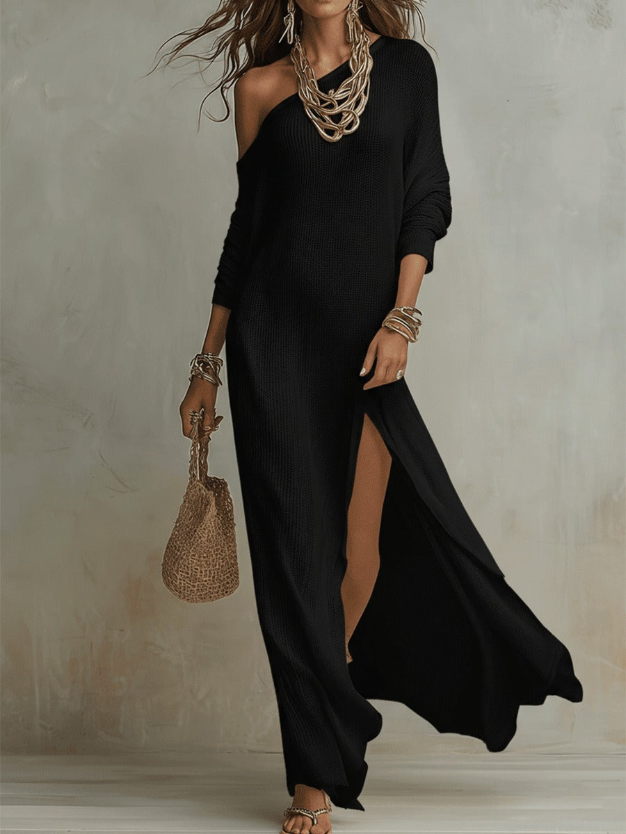 Women's Holiday Long Sleeve Maxi Dress with One-Shoulder Neckline