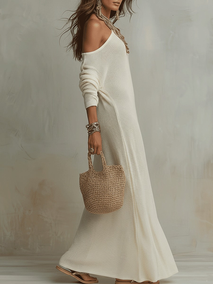 Women's Holiday Long Sleeve Maxi Dress with One-Shoulder Neckline