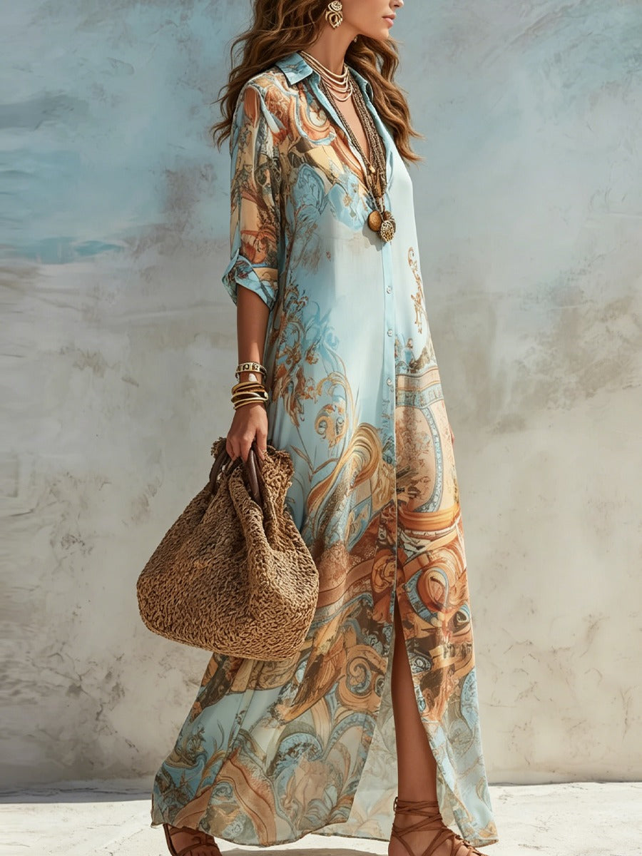 Women's Holiday Maxi Dress with Button Front and 3/4 Sleeves