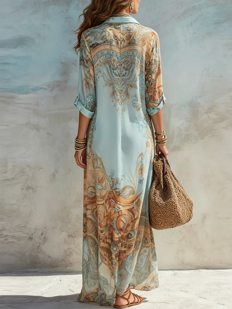 Women's Holiday Maxi Dress with Button Front and 3/4 Sleeves