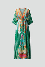 Women's Holiday Maxi Dress with V-Neck and Drawstring Waist