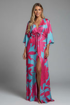 Women's Holiday Maxi Dress with V-Neck and Drawstring Waist