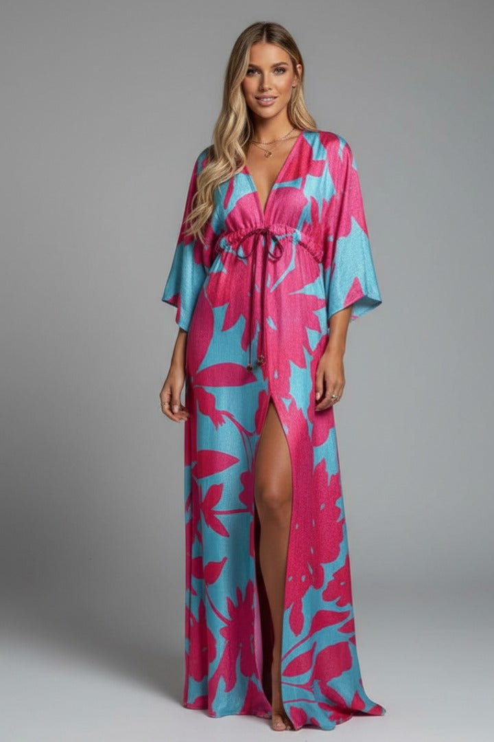 Women's Holiday Maxi Dress with V-Neck and Drawstring Waist