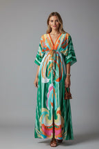 Women's Holiday Maxi Dress with V-Neck and Drawstring Waist