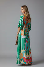 Women's Holiday Maxi Dress with V-Neck and Drawstring Waist