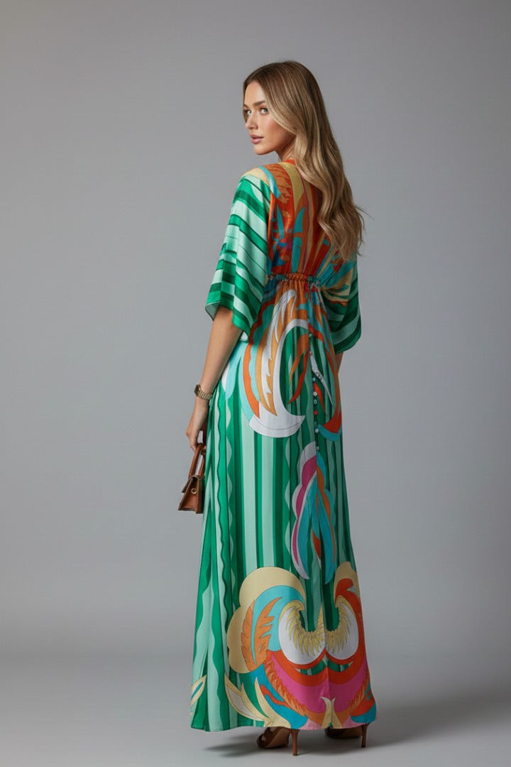 Women's Holiday Maxi Dress with V-Neck and Drawstring Waist