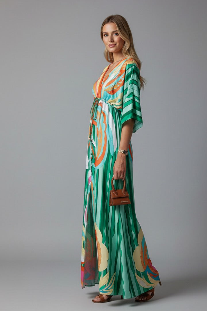 Women's Holiday Maxi Dress with V-Neck and Drawstring Waist