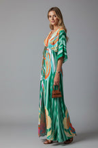 Women's Holiday Maxi Dress with V-Neck and Drawstring Waist