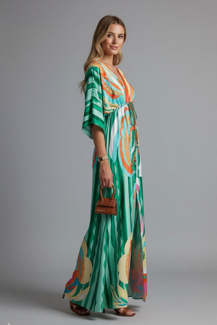 Women's Holiday Maxi Dress with V-Neck and Drawstring Waist