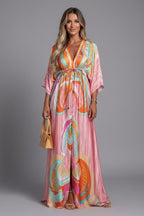 Women's Holiday Maxi Dress with V-Neck and Drawstring Waist