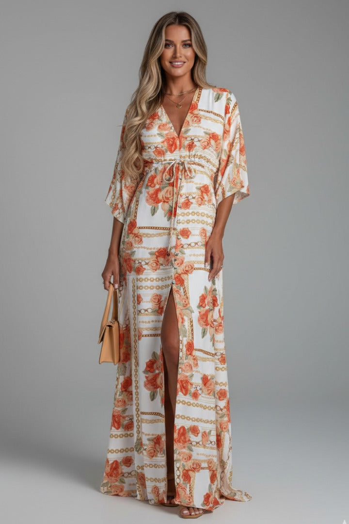 Women's Holiday Maxi Dress with V-Neck and Drawstring Waist