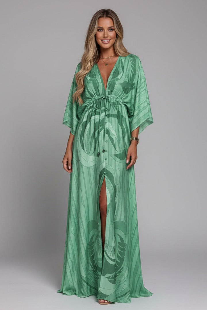 Women's Holiday Maxi Dress with V-Neck and Drawstring Waist