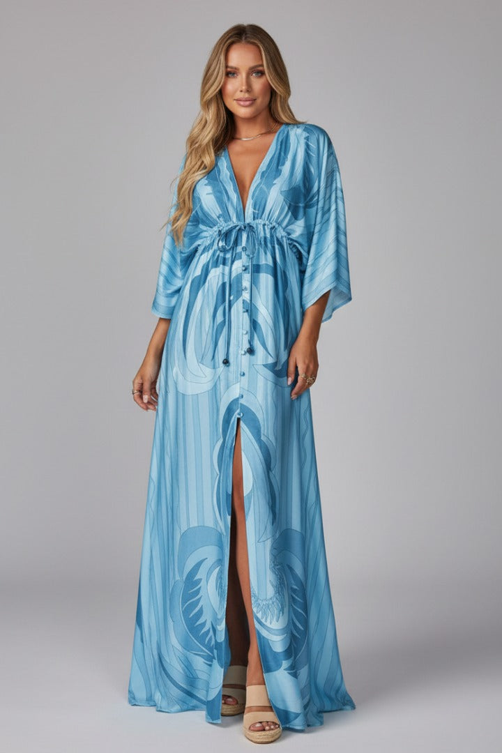 Women's Holiday Maxi Dress with V-Neck and Drawstring Waist