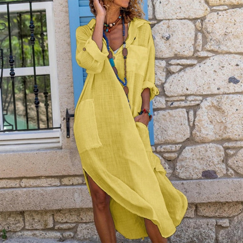 Women's Holiday Shirt Midi Dress with Long Sleeves and Asymmetric Hem
