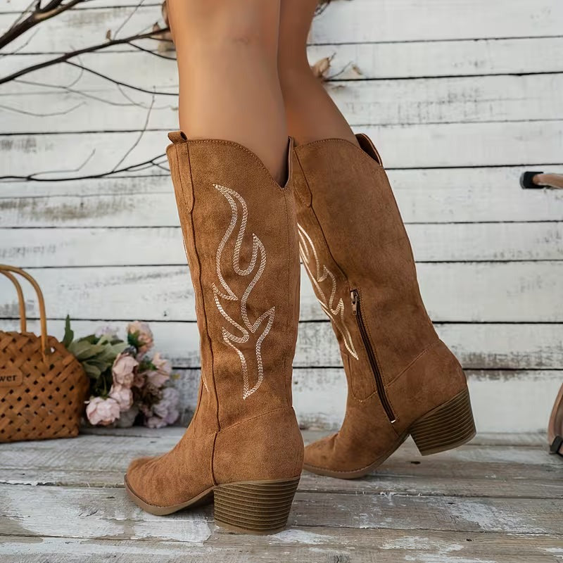 Women's Knee High Cowgirl Boots with Embroidered Detail
