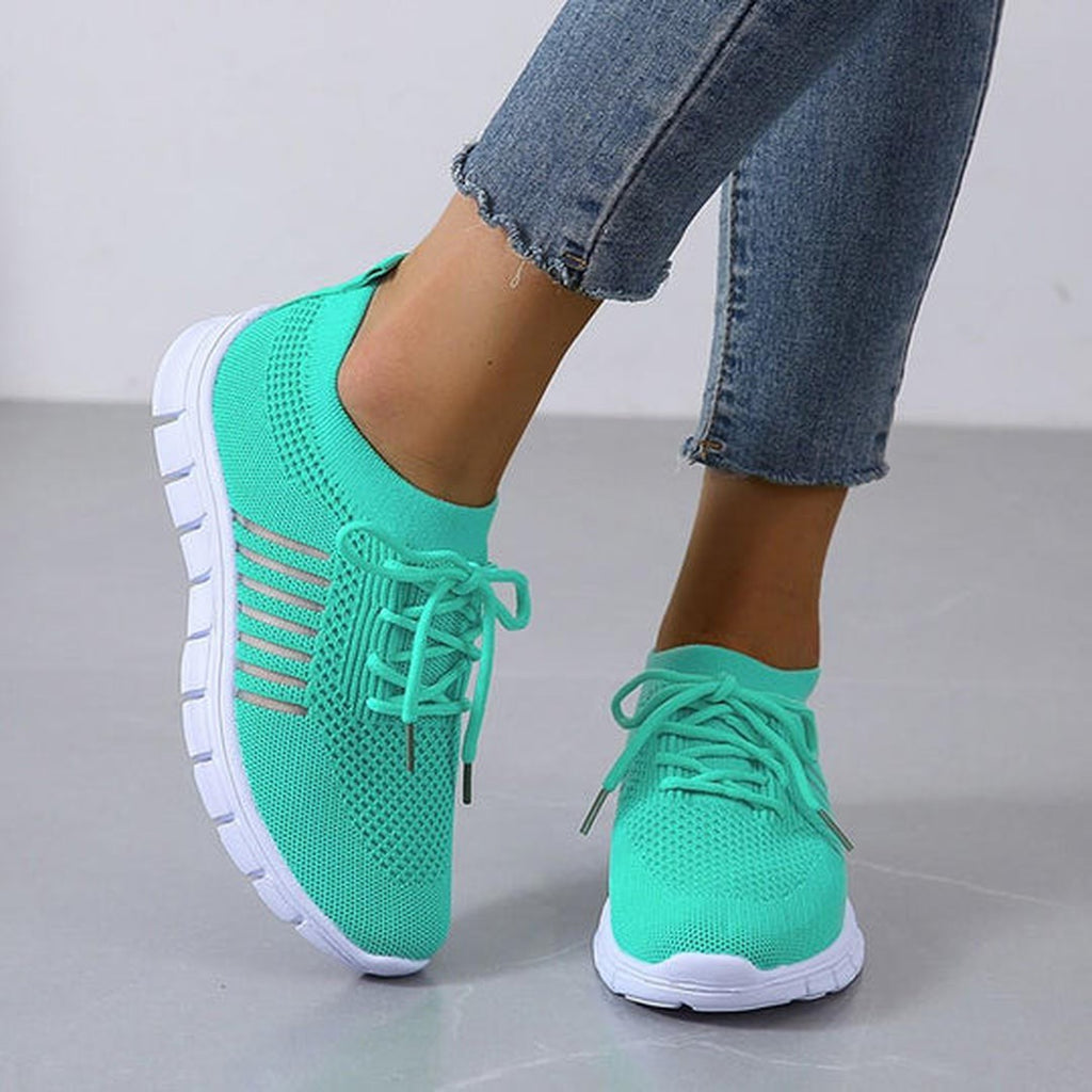 Women's Lace-Up Knit Sneakers with Sock Collar and Striped Midsole