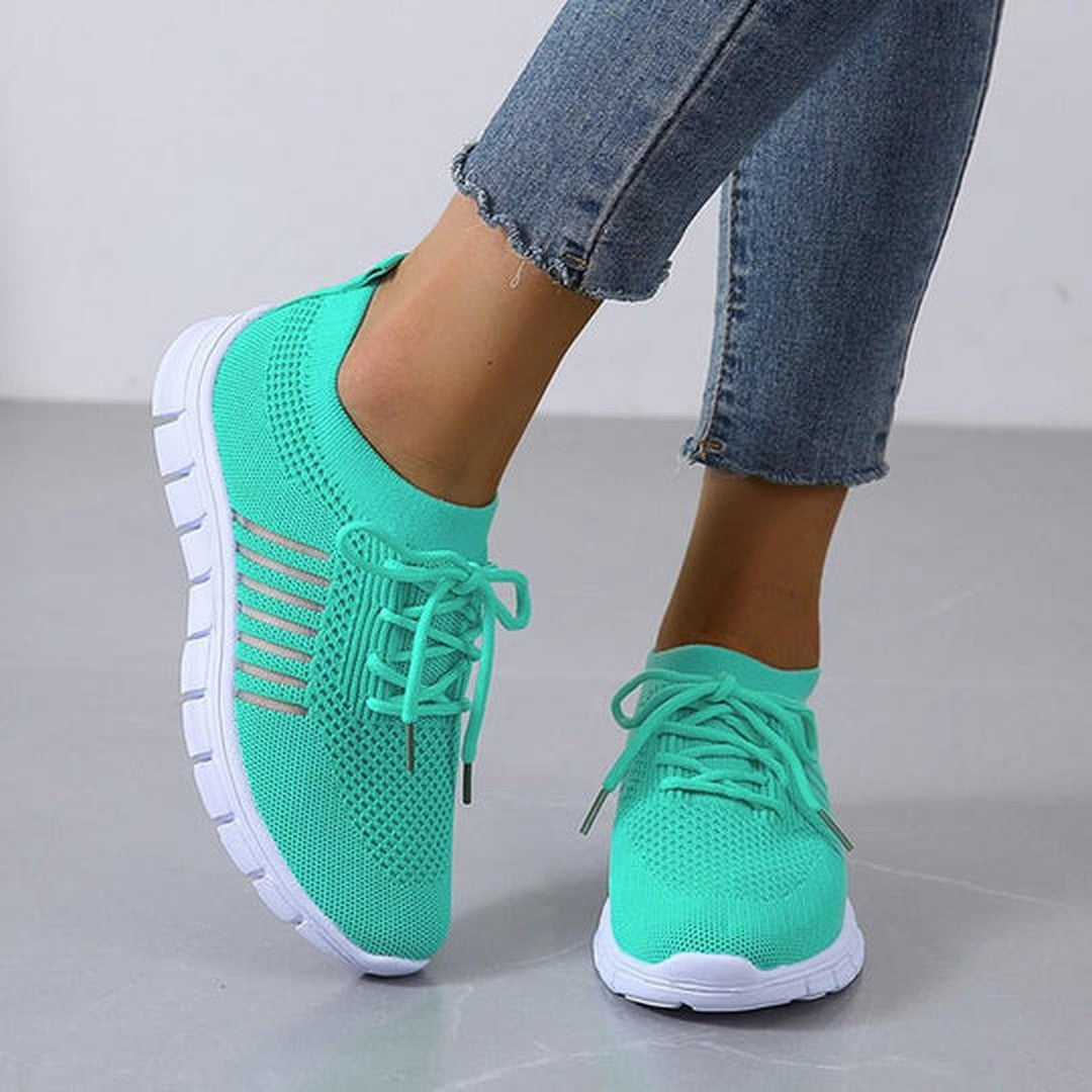 Women's Lace-Up Knit Sneakers with Sock Collar and Striped Midsole