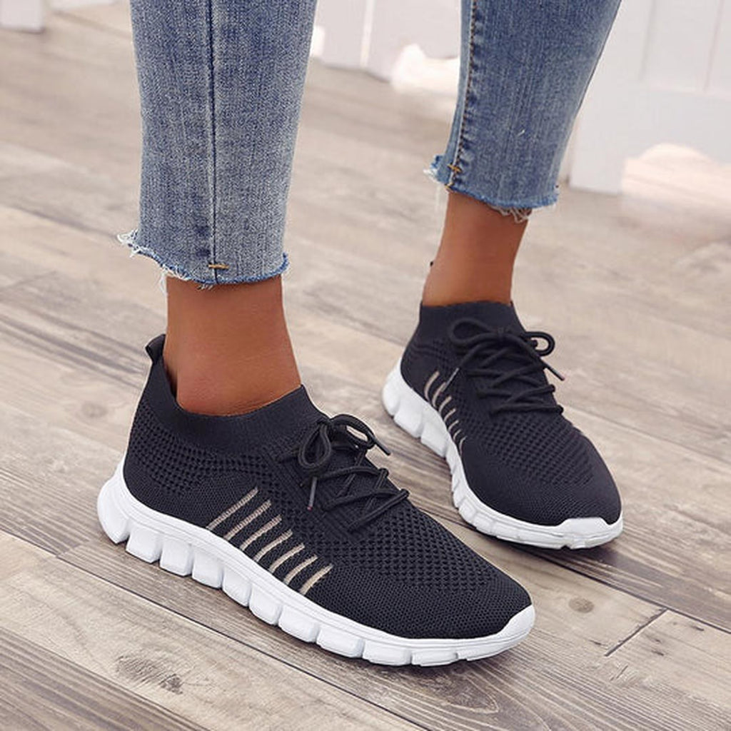 Women's Lace-Up Knit Sneakers with Sock Collar and Striped Midsole