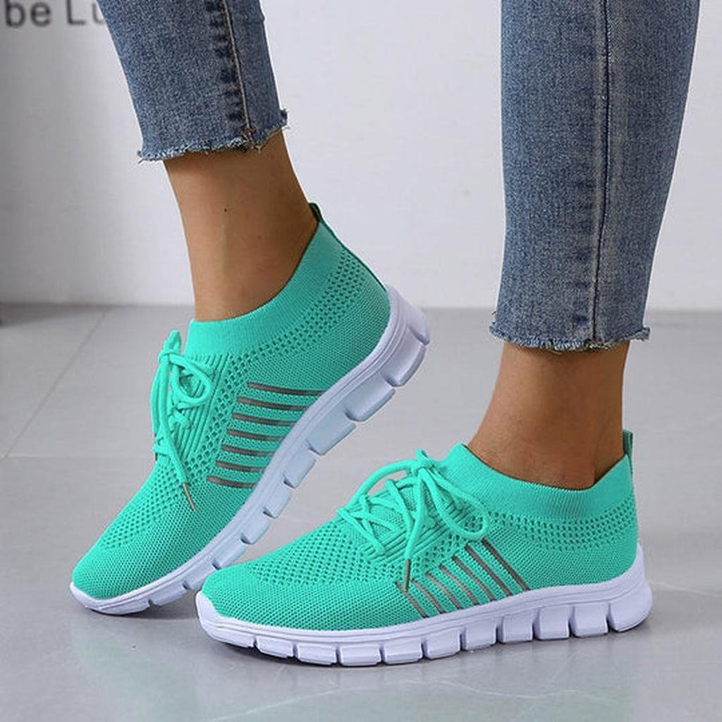 Women's Lace-Up Knit Sneakers with Sock Collar and Striped Midsole