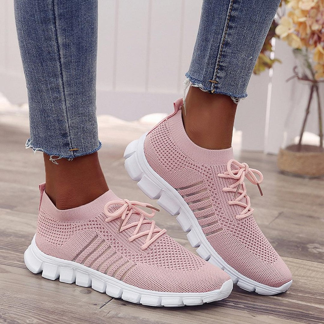 Women's Lace-Up Knit Sneakers with Sock Collar and Striped Midsole