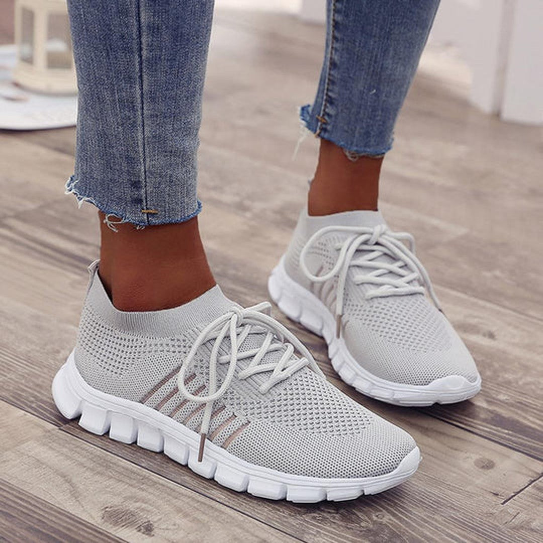 Women's Lace-Up Knit Sneakers with Sock Collar and Striped Midsole