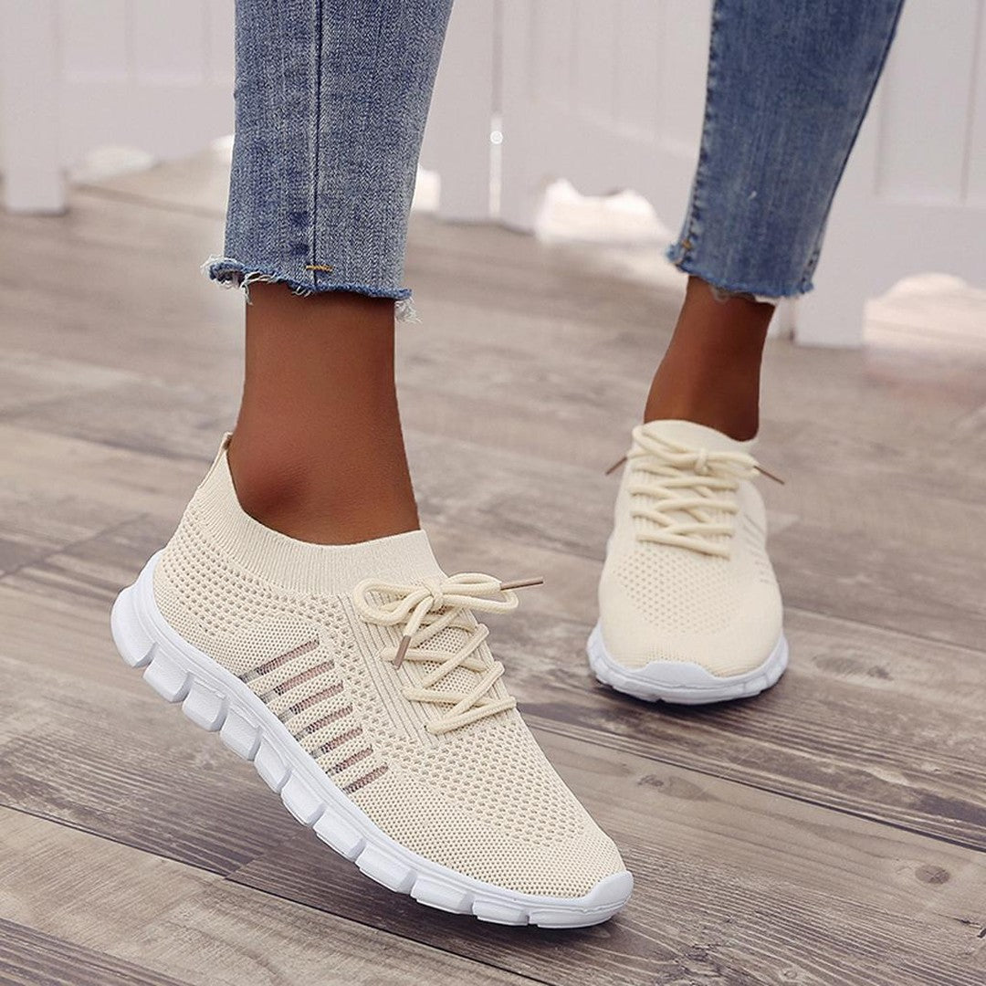 Women's Lace-Up Knit Sneakers with Sock Collar and Striped Midsole