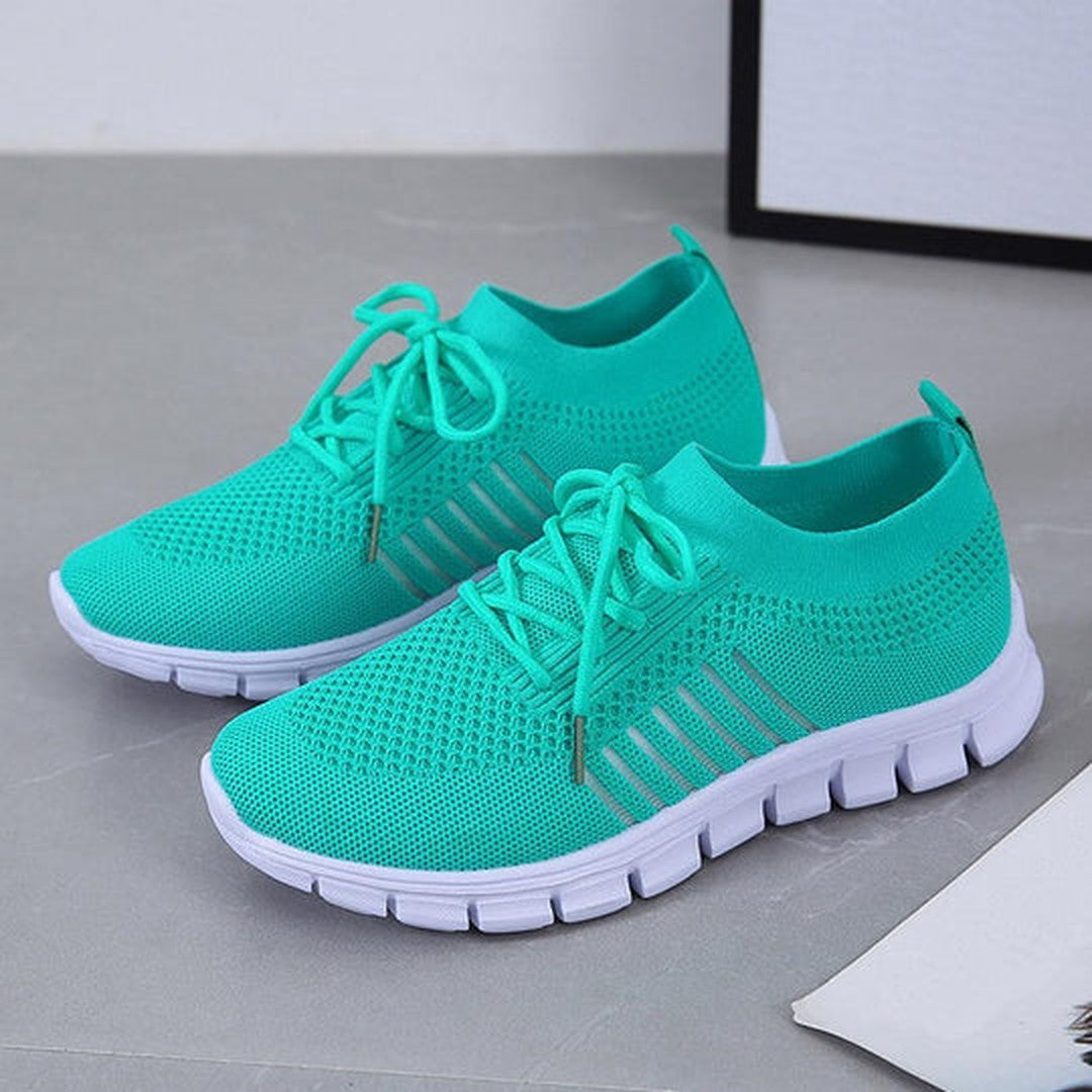 Women's Lace-Up Knit Sneakers with Sock Collar and Striped Midsole
