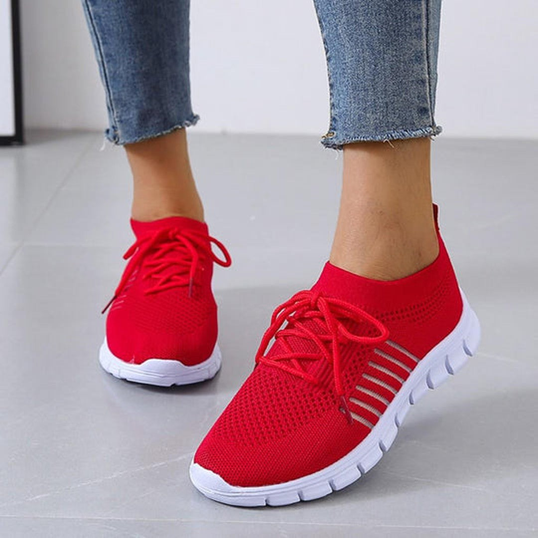 Women's Lace-Up Knit Sneakers with Sock Collar and Striped Midsole