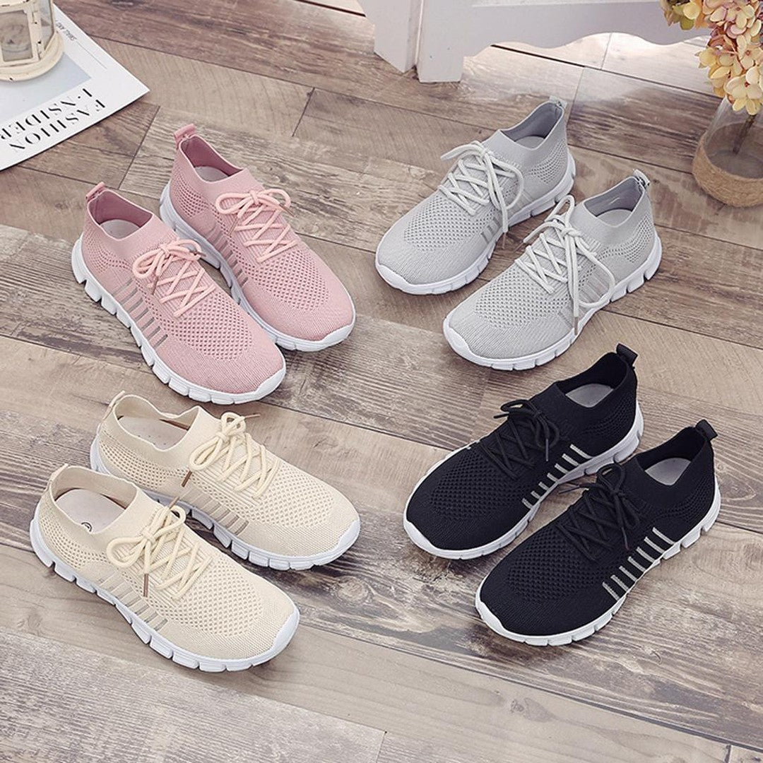 Women's Lace-Up Knit Sneakers with Sock Collar and Striped Midsole