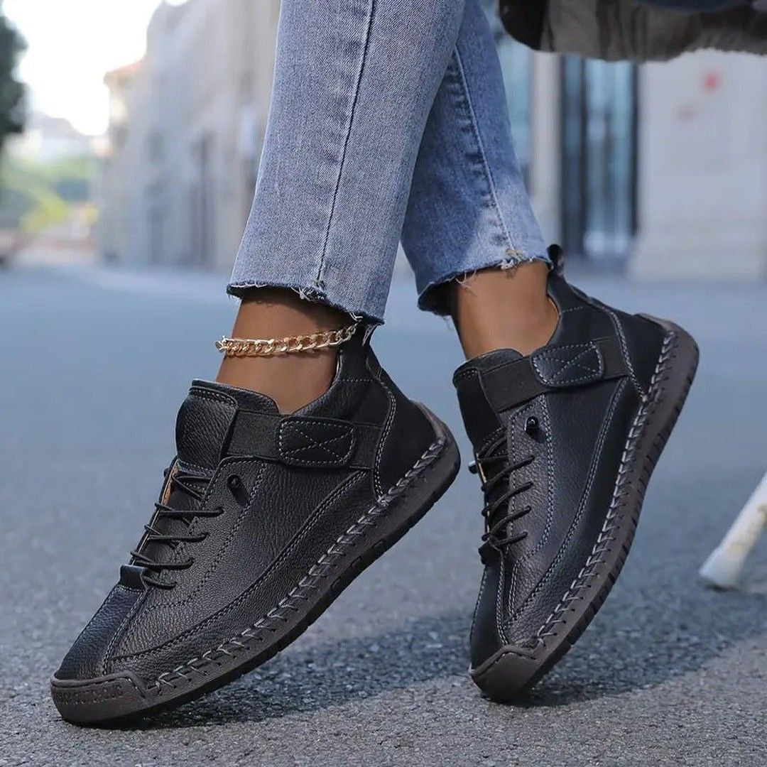 Women's Lace-Up Low-Top Sneakers with Contrast Topstitching and Hook-and-Loop Ankle Strap Tab
