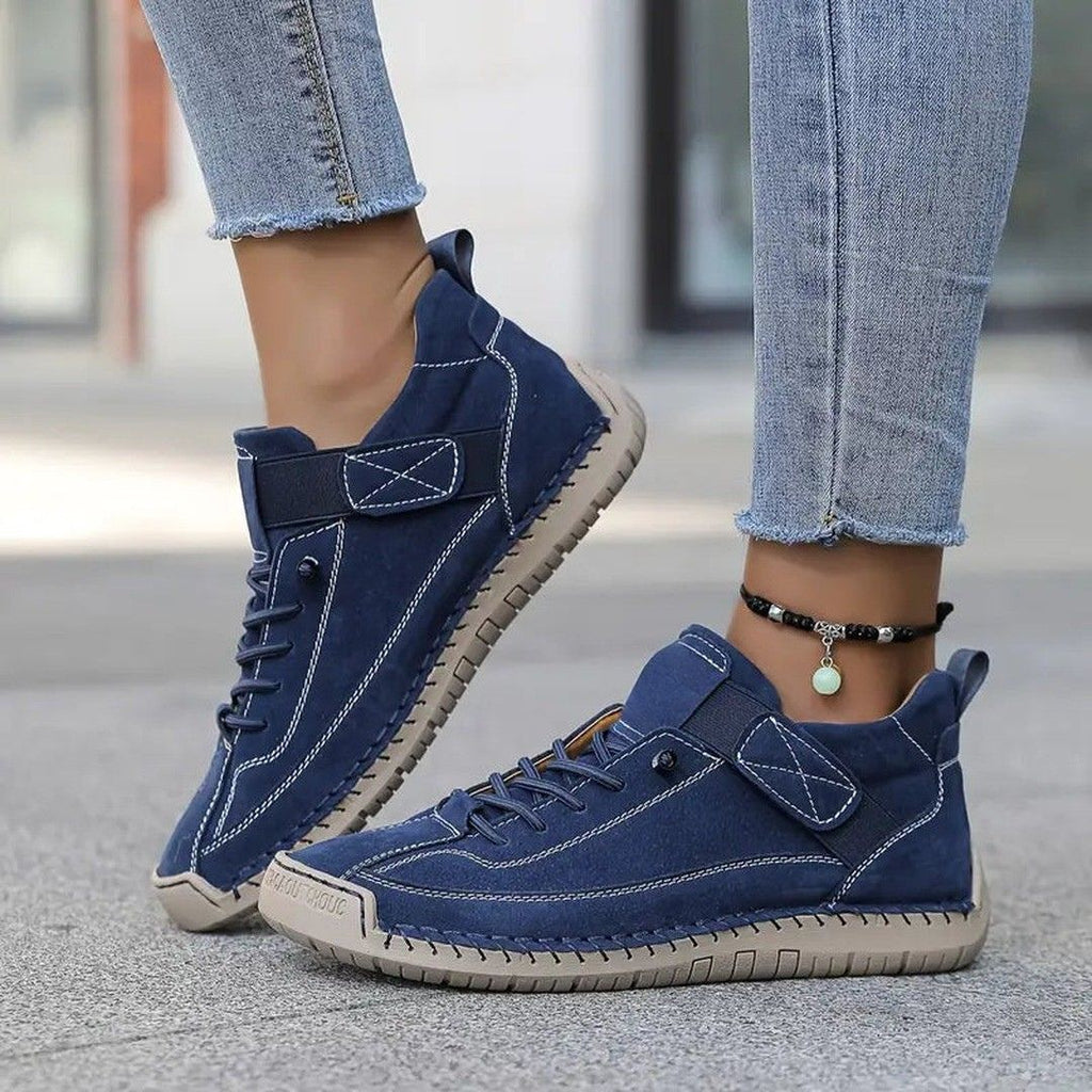 Women's Lace-Up Low-Top Sneakers with Contrast Topstitching and Hook-and-Loop Ankle Strap Tab