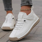 Women's Lace-Up Low-Top Sneakers with Contrast Topstitching and Hook-and-Loop Ankle Strap Tab