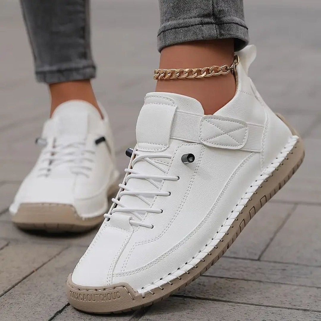 Women's Lace-Up Low-Top Sneakers with Contrast Topstitching and Hook-and-Loop Ankle Strap Tab