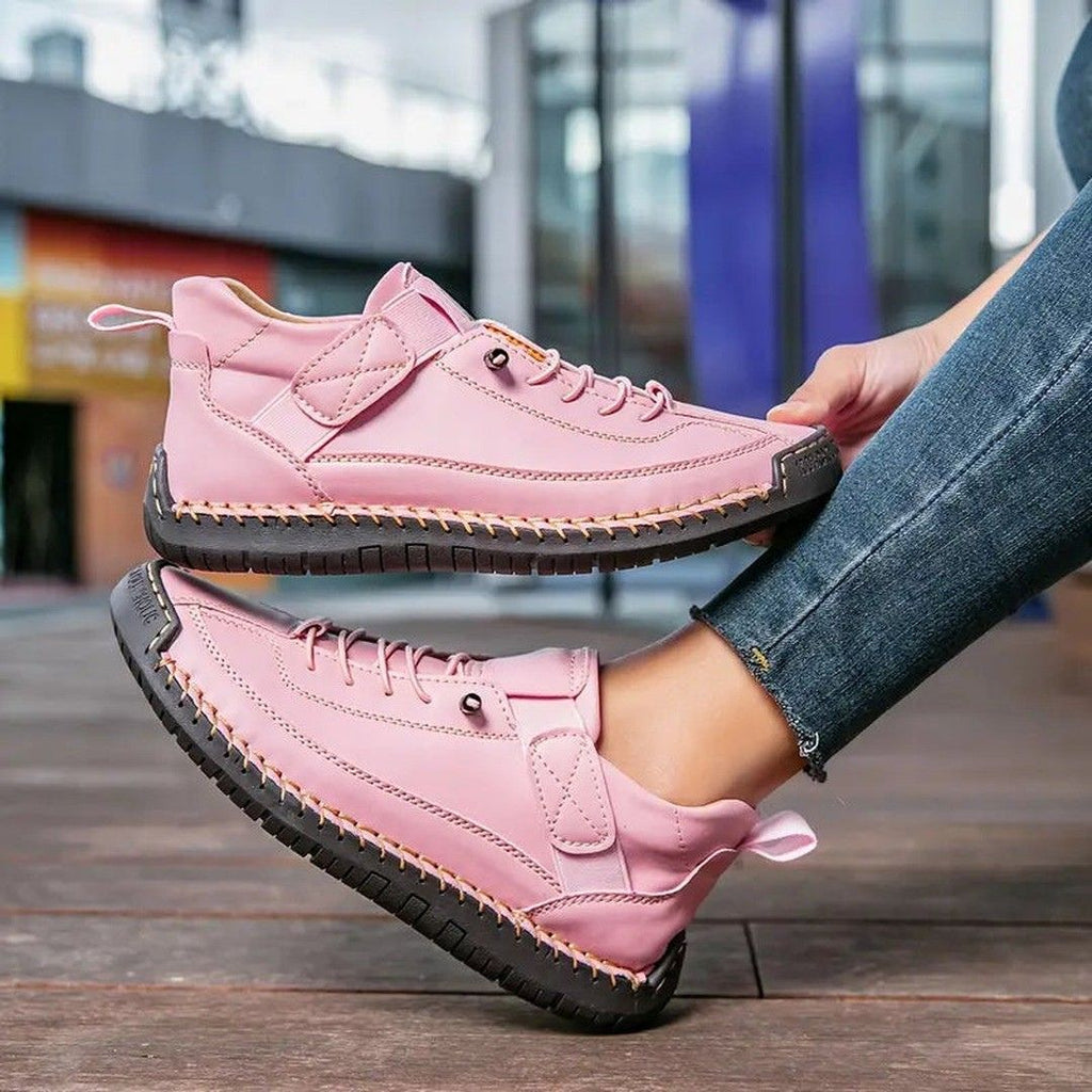 Women's Lace-Up Low-Top Sneakers with Contrast Topstitching and Hook-and-Loop Ankle Strap Tab