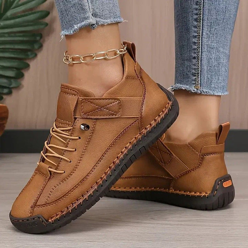 Women's Lace-Up Low-Top Sneakers with Contrast Topstitching and Hook-and-Loop Ankle Strap Tab