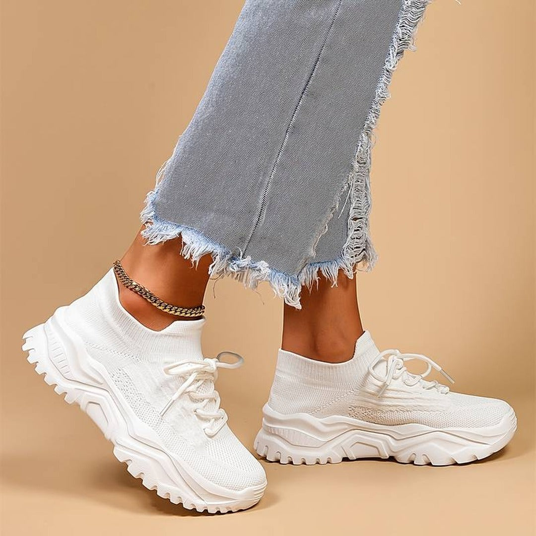 Women's Lace-Up Platform Sneakers with Open-Weave Upper and Chunky Ridged Sole