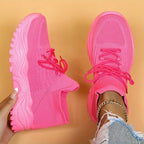 Women's Lace-Up Platform Sneakers with Open-Weave Upper and Chunky Ridged Sole