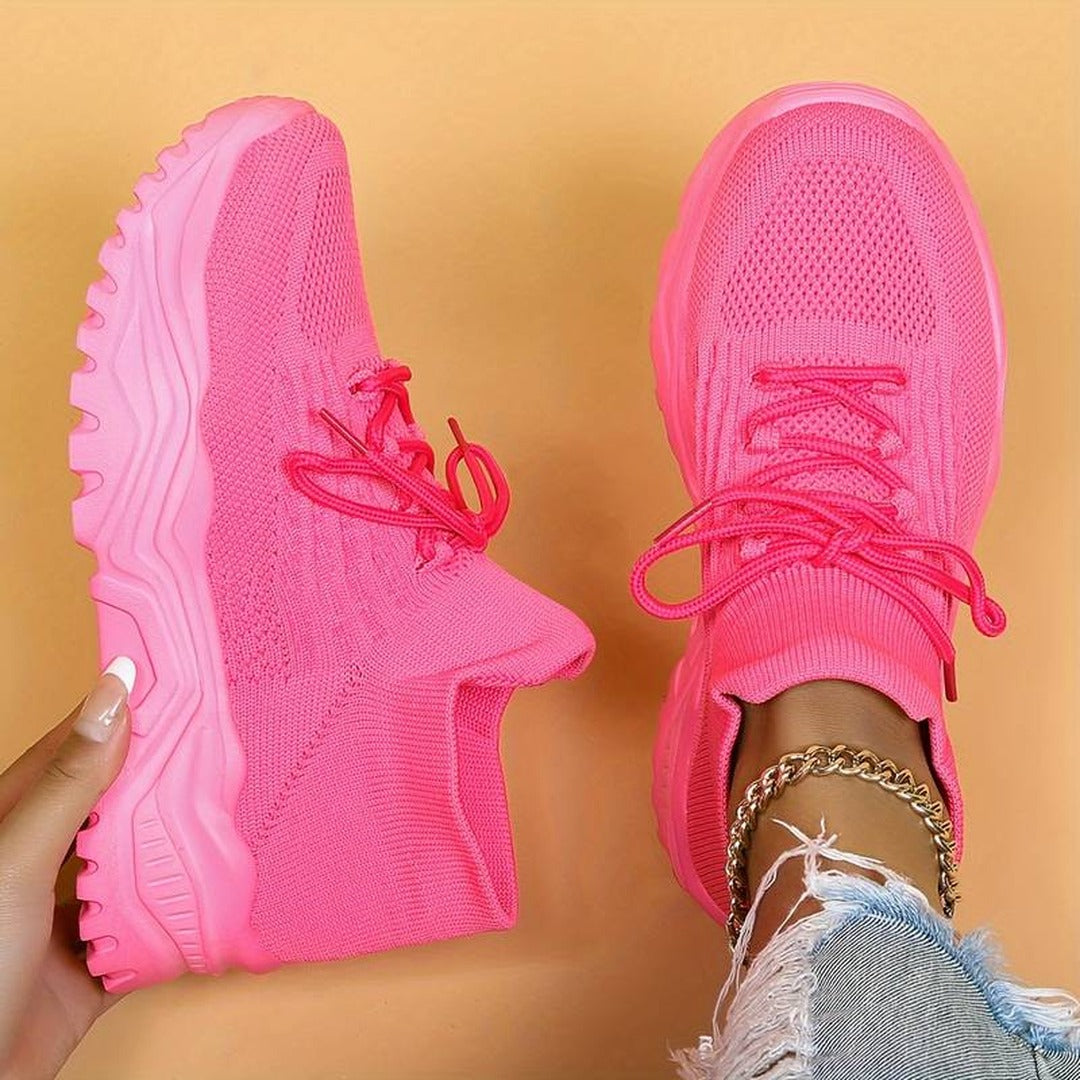 Women's Lace-Up Platform Sneakers with Open-Weave Upper and Chunky Ridged Sole