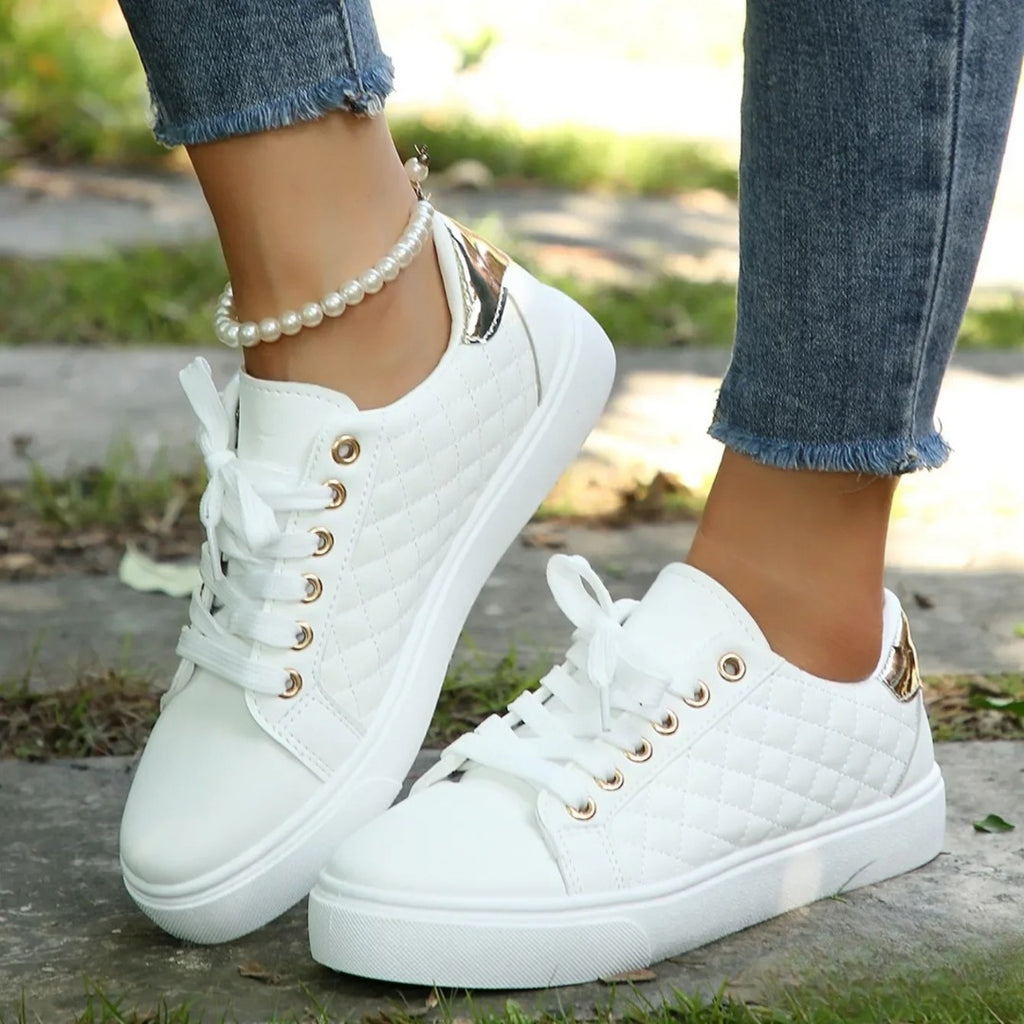Women's Lace-Up Trainers with Diamond-Quilted Upper and Gold-Tone Eyelet Detail