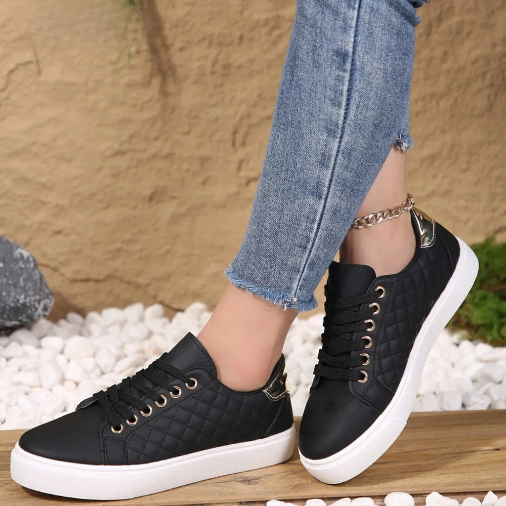 Women's Lace-Up Trainers with Diamond-Quilted Upper and Gold-Tone Eyelet Detail