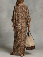 Women's Leopard Print Maxi Dress with Batwing Sleeve and Twist Front