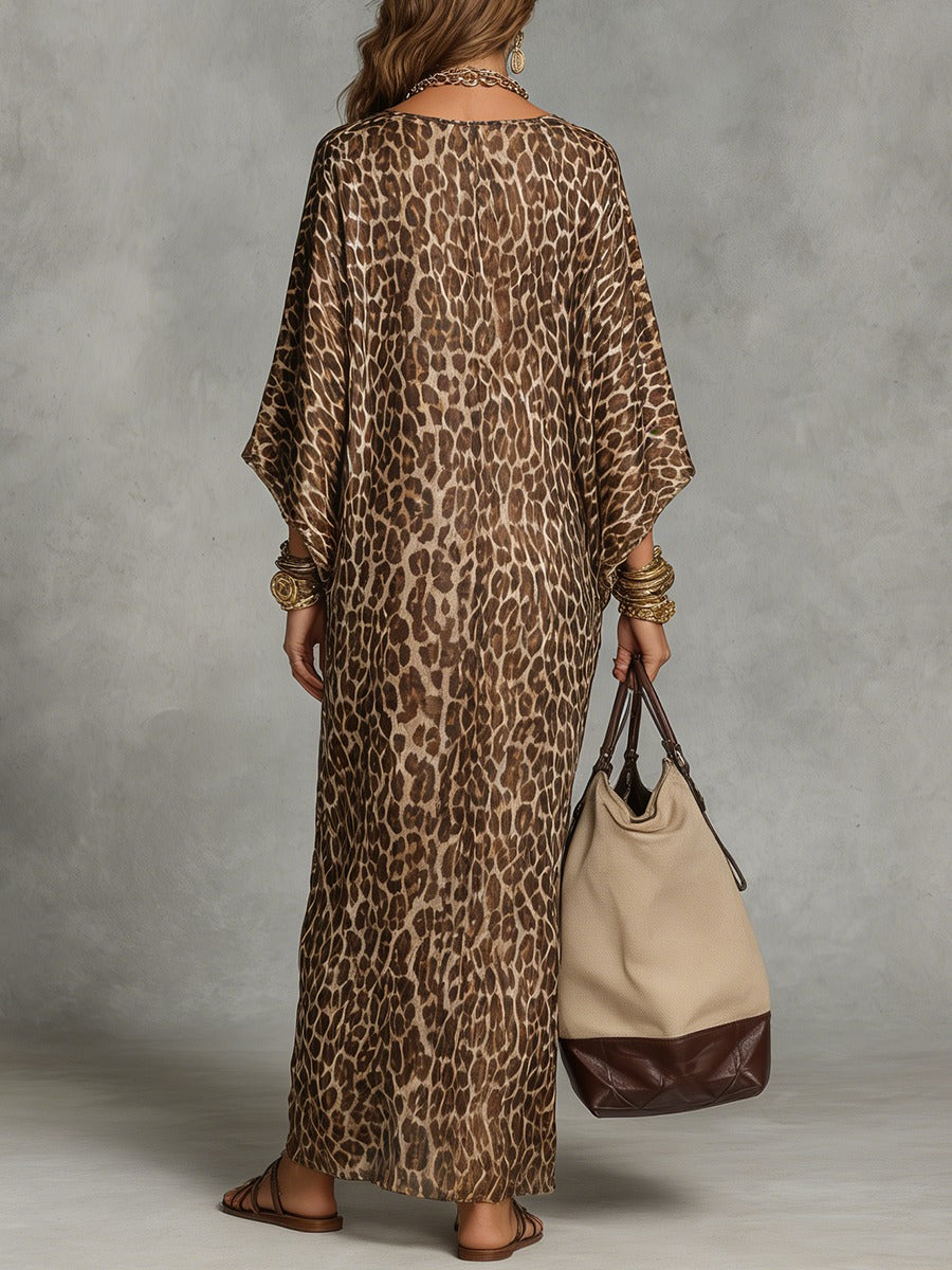 Women's Leopard Print Maxi Dress with Batwing Sleeve and Twist Front