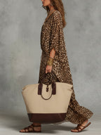 Women's Leopard Print Maxi Dress with Batwing Sleeve and Twist Front