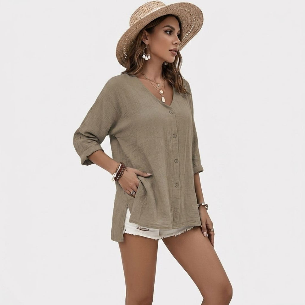 Women's Linen Blouse with V-Neck