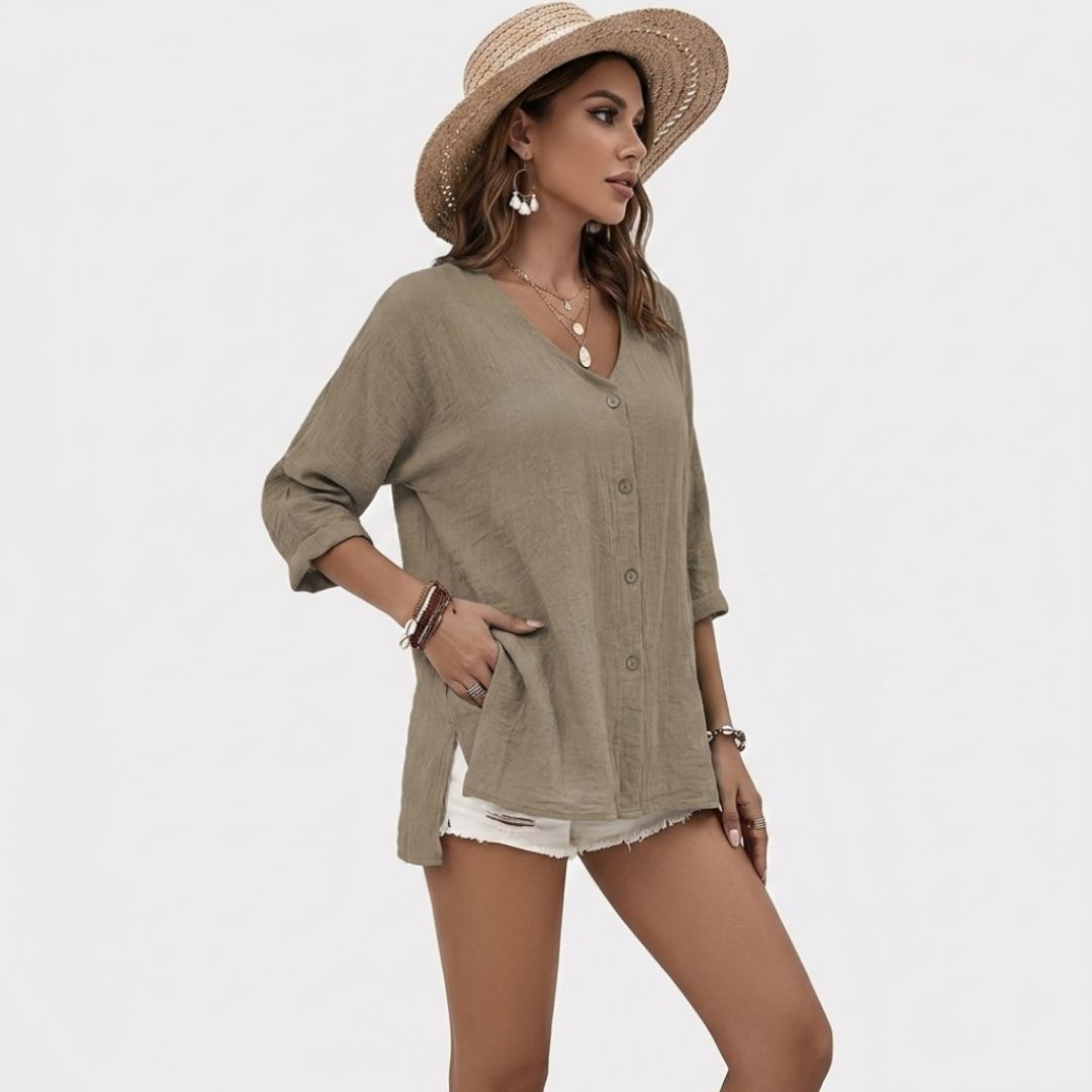 Women's Linen Blouse with V-Neck